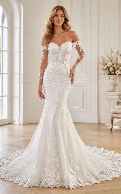Robe de mariée sirène luxueuse en dentelle florale à épaules dénudées et manches longues, ornée d'épaules et de traîne chapelle