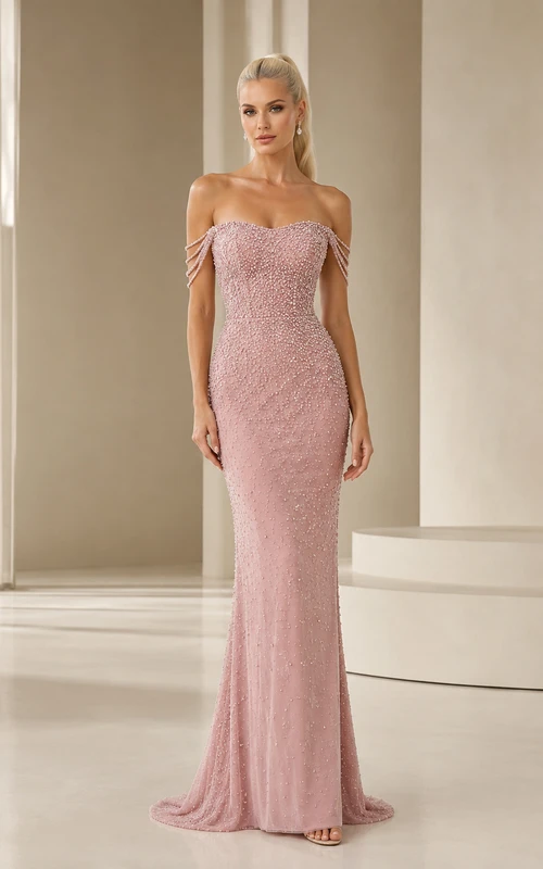 Paillettenbesetztes, schulterfreies Meerjungfrauen-Abendkleid in Rosa