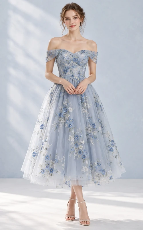 Vestido de dama de honor vintage de tul azul cielo con estampado floral y hombros descubiertos, largo hasta la rodilla