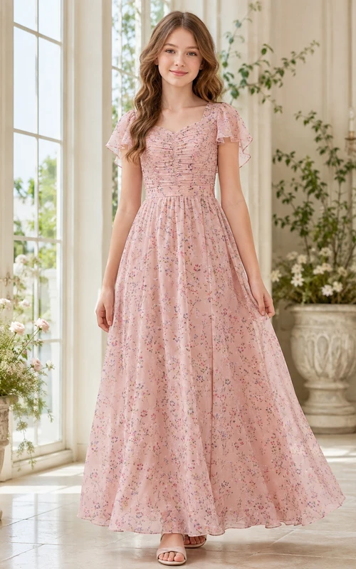 Zartrosa Brautjungfernkleid im A-Linien-Stil mit Rundhalsausschnitt, kurzen Ärmeln und floralem Blütenmuster im Boho-Stil