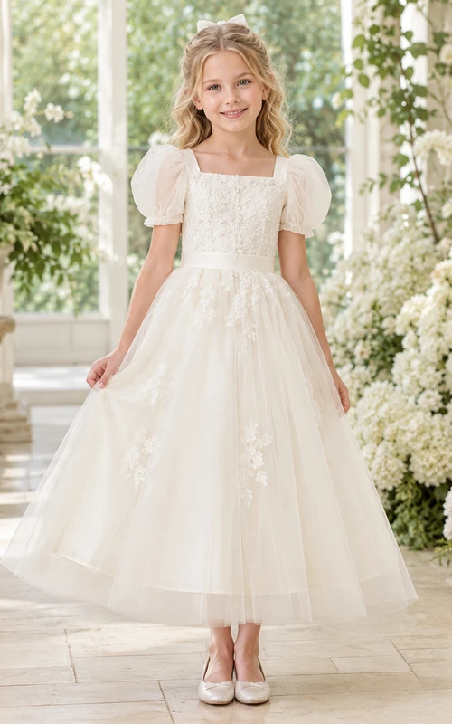 Vestido de niña de las flores para boda con lazo, cuello cuadrado, mangas abullonadas, tul y encaje floral, corte en A, largo hasta la rodilla.