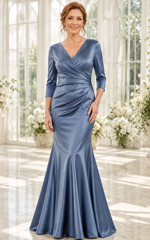 Steel Blue Modest V-Neck Stretch-Satin Mermaid Floor-Length Mother of the Bride Dress with Three-Quarter Sleeves