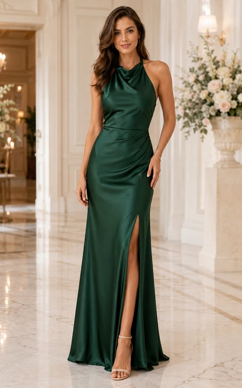 Dark Green Halter Satin Split Front Sheath Floor Wedding Guest Gown