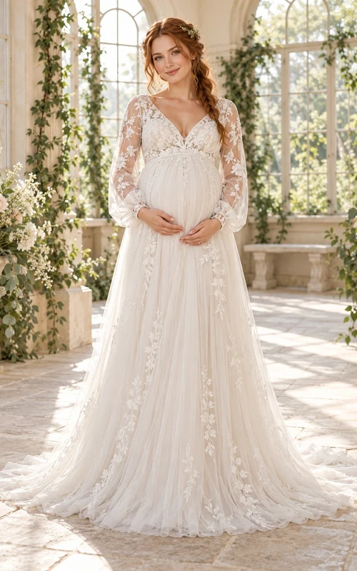 Maternity Long Sleeve V-neck Floral Lace Empire Bridal Wedding Dress
