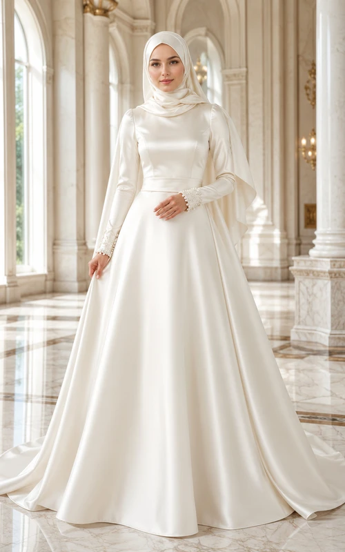 Vestido de novia musulmán modesto de satén con cuello alto, corte en A y cola larga.
