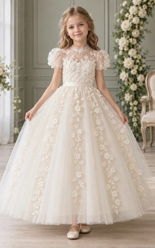 Ivory Ball-gown Lace Tulle Floor-length Puff-sleeve Illusion Appliqued Flower Girl Dress