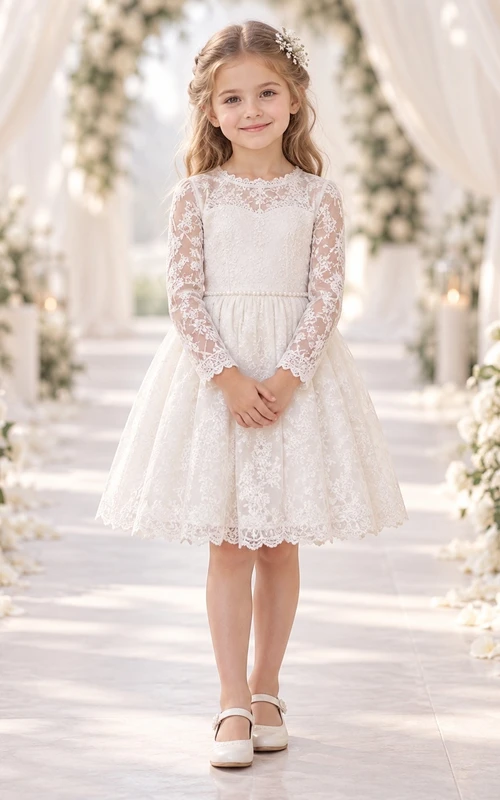 Short Long Sleeve White Floral Scalloped Jewel Illusion Pearl Waist A-Line Lace Button Flowergirl Dress