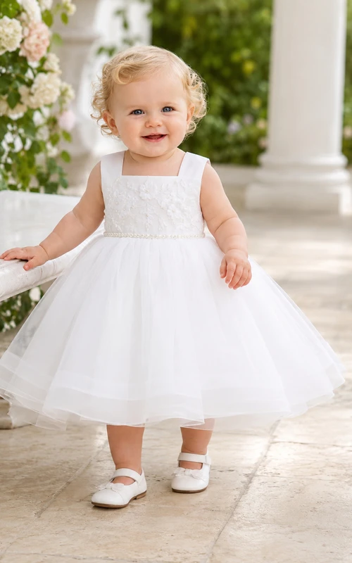 Square Neck Baptism Dress A-Line Tulle Lace Sleeveless Full Skirt