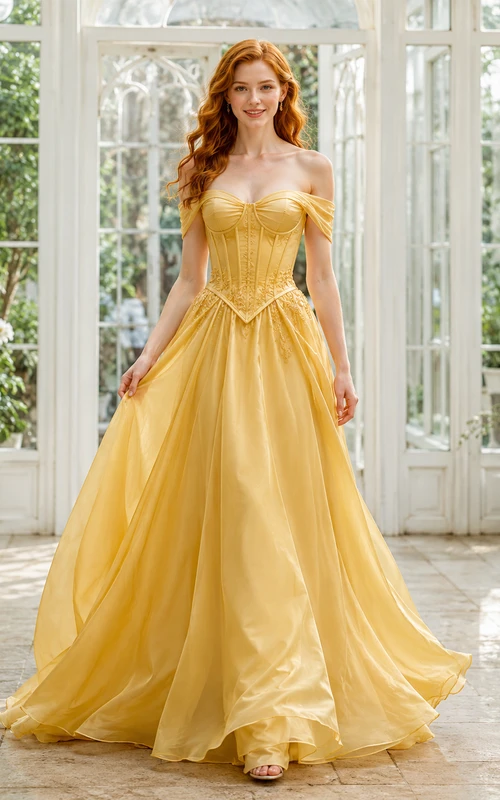 Vestido de novia vasco de corte A con corsé de satén drapeado y hombros descubiertos color amarillo narciso