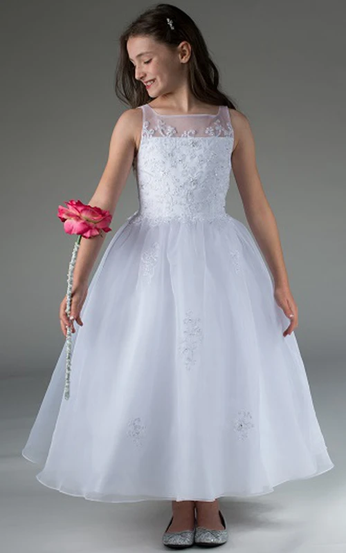 Vestido largo hasta los tobillos de organza con escote cuadrado y bordado para niña de las flores.