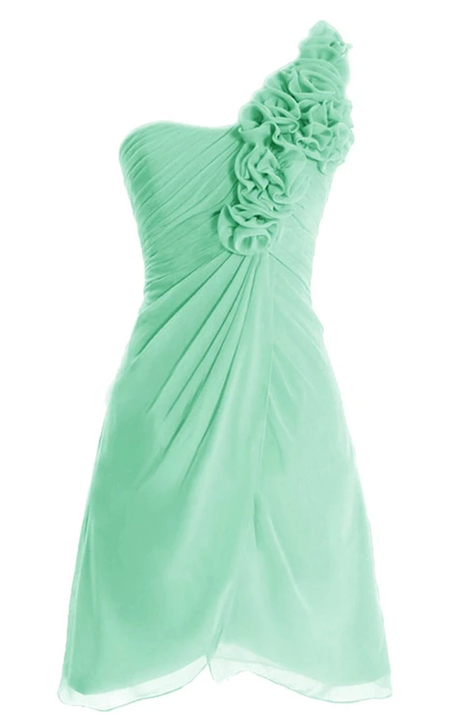 Vestido corto floral de un solo hombro con drapeado lateral.