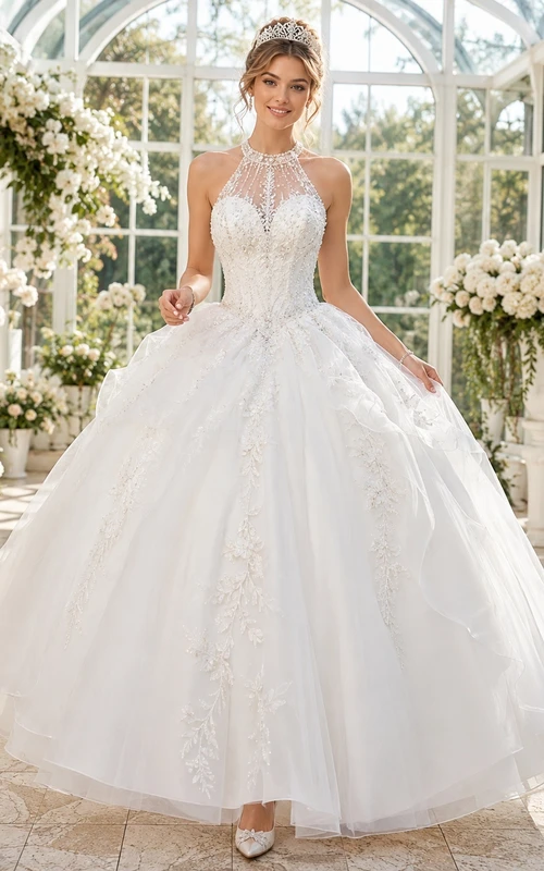 White Princess High Neck Halter Beaded Tulle High-Low Ball Gown Quinceanera Dress