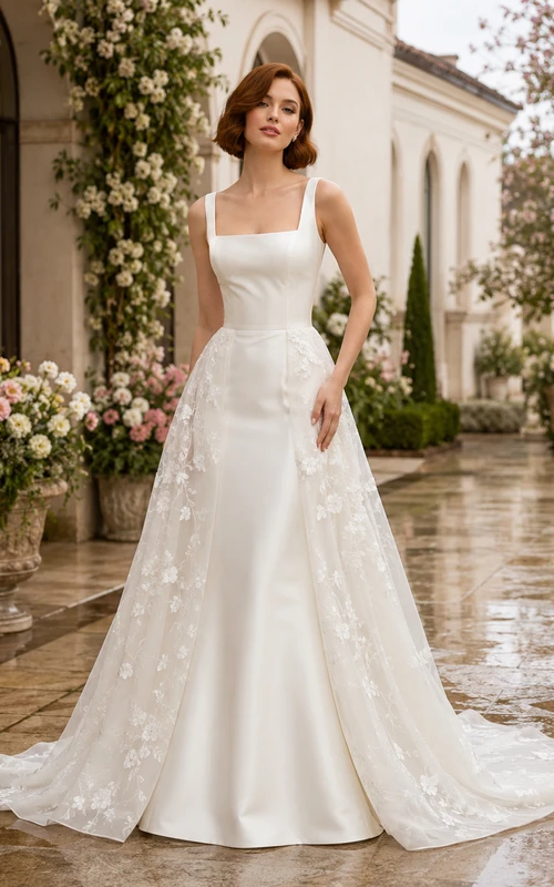 Robe de mariée en dentelle et tulle, coupe trapèze, col carré, sans manches, traîne, ornée d'appliqués
