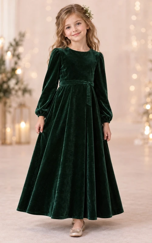 Langärmeliges, vintage-waldgrünes, knöchellanges, gerafftes Samtkleid für Blumenmädchen