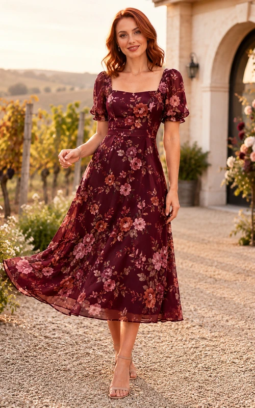 Robe midi trapèze bordeaux à imprimé floral et col carré, manches bouffantes