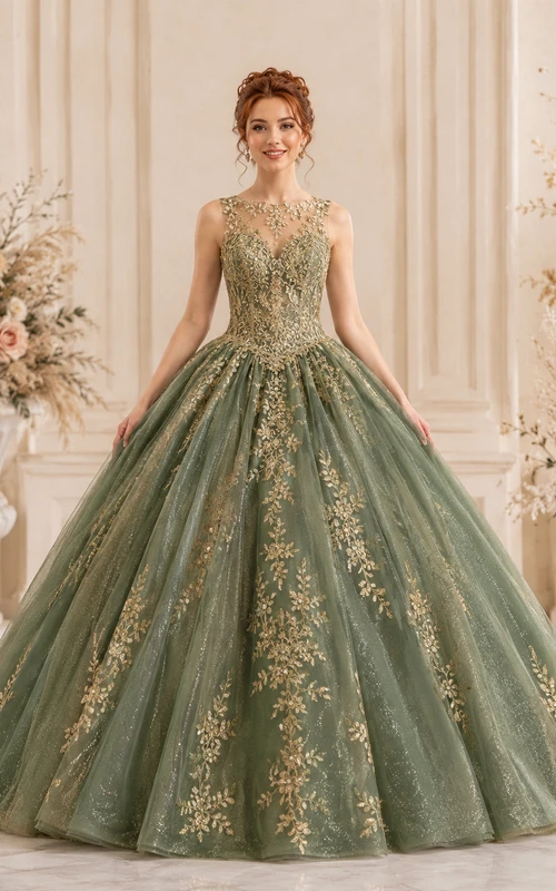Vestido de fiesta formal de princesa para quinceañera, color oro salvia, cuello alto y bordado.