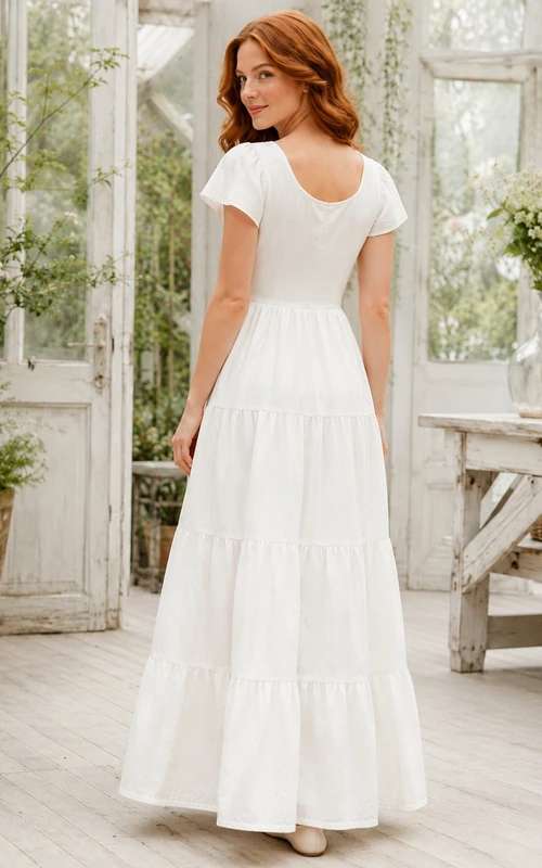 White Scoop Neck Short Sleeve Relaxed Tiered Maxi Dress