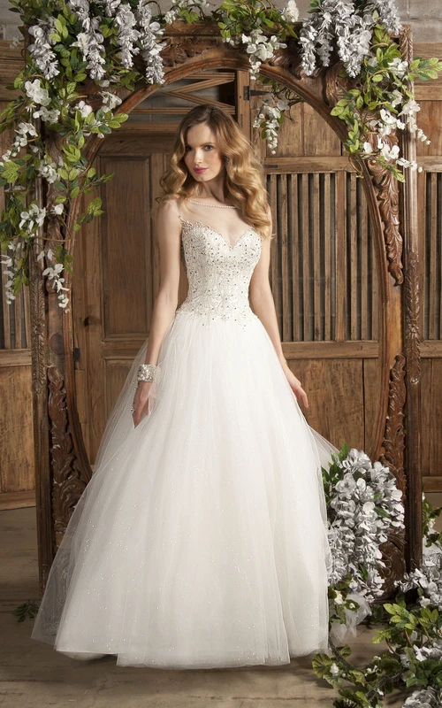 Ballkleid mit U-Boot-Ausschnitt, ärmellos, mit Applikationen aus Tüll, Hochzeitskleid