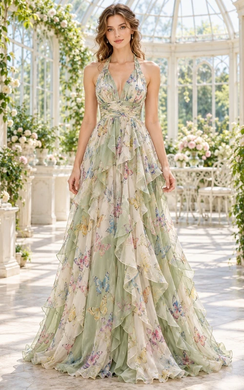 Celadon Butterfly Floral Print V Halter Tiered Chiffon Evening Gown