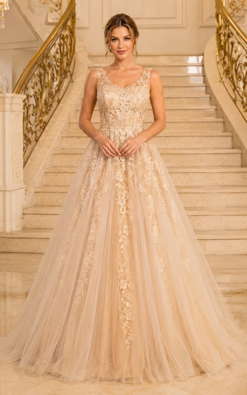 Champagne Long Sleeve Lace Embroidery Ball Gown Sweep Train Formal Dress