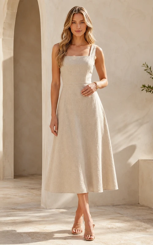 Beige Linen Square Neck Strap A Line Minimalist Midi Dress