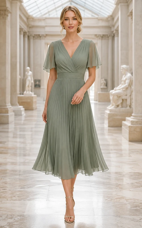 Museum Sage V-Neck Chiffon A-Line Tea-Length Pleated Short Sleeve Dress