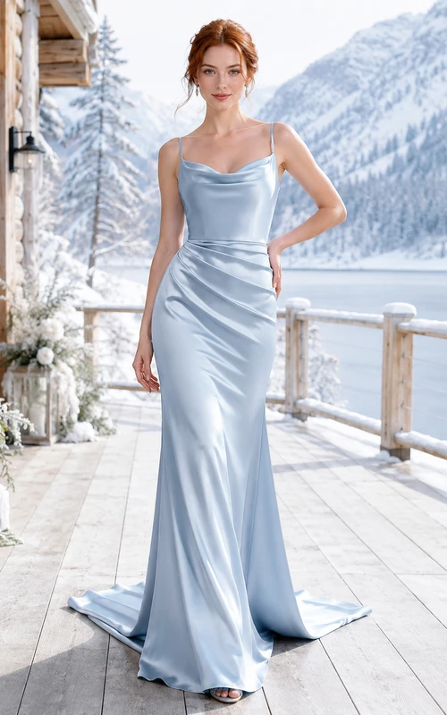 Robe de mariée fourreau bleu glacier en satin, à fines bretelles et col bénitier