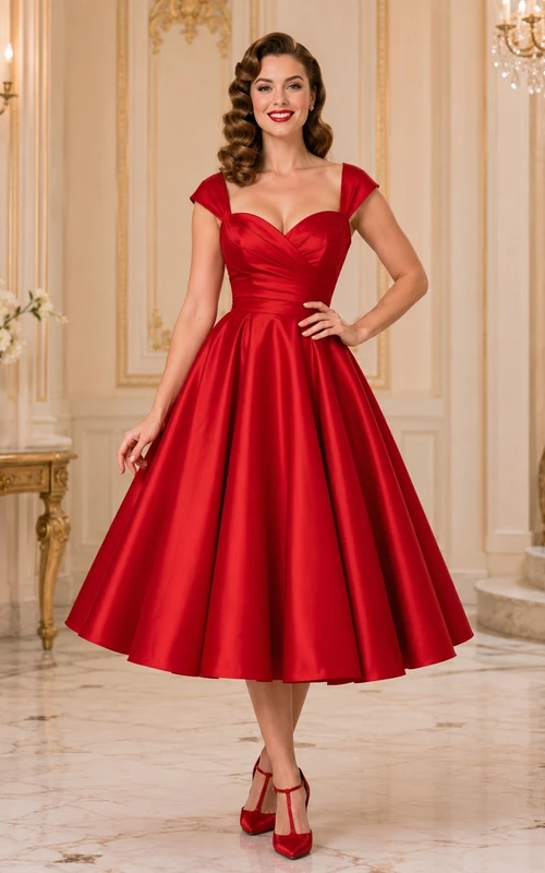 Robe vintage rouge satinée à encolure cœur, manches courtes plissées, longueur thé, coupe trapèze, décolleté cœur