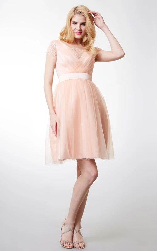 Lace Short Sleeve Pleated Tulle Dress With Satin Belt