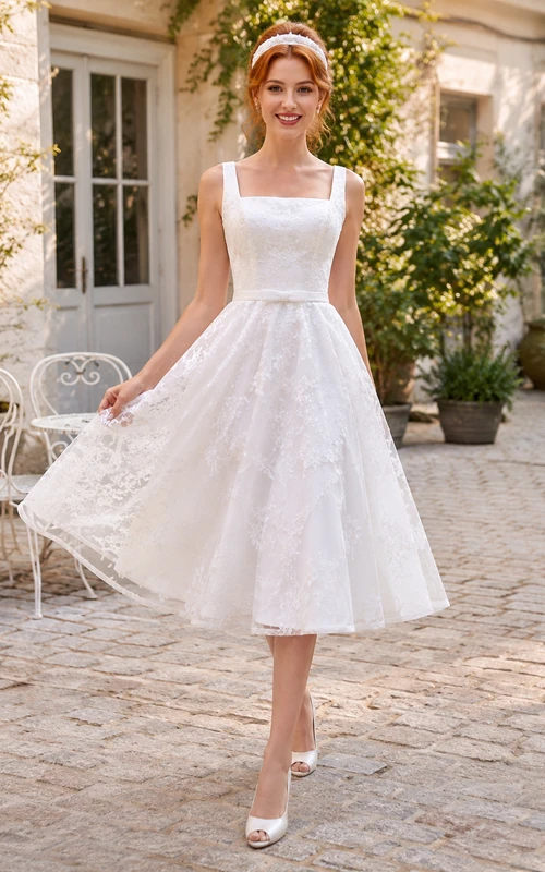 Civil Square Neck Lace Tea-Length A-Line Wedding Dress