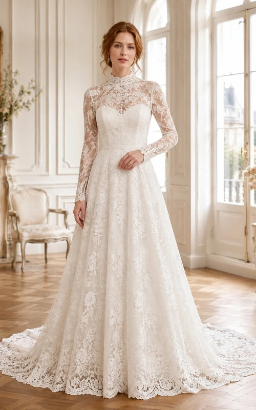 Vestido de novia blanco de encaje, corte A, estilo vintage, modesto y romántico, con mangas largas y cuello alto.
