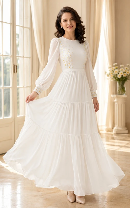 High Neck Long Sleeve Lace Tiered Floor-length A-line Romantic Modest Wedding Dress