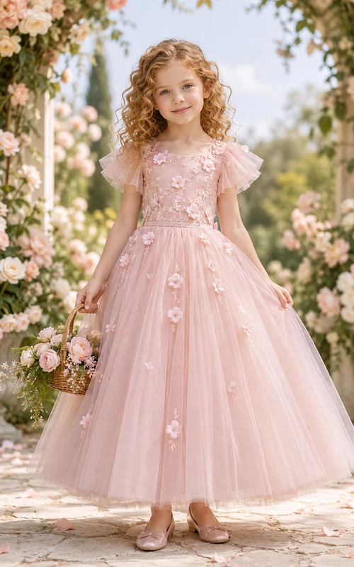 Vestido de niña de las flores, color rosa empolvado, encaje, tul, corte en A, mangas con volantes, escote redondo, largo midi, apliques florales.