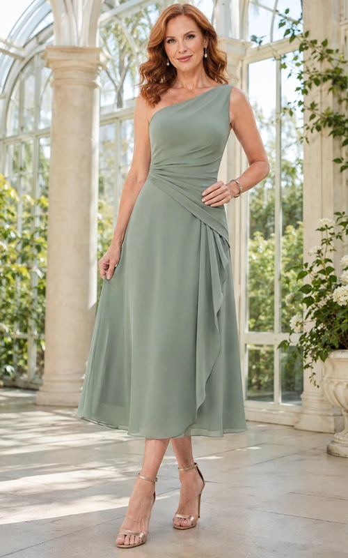 Romantisches, teelanges A-Linien-Chiffonkleid in Salbeigrün mit One-Shoulder-Ausschnitt und fließender Seitendrapierung für die Mutter der Braut