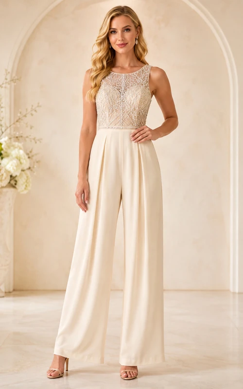 Combinaison élégante en satin à col montant et dentelle illusion, jambes larges, idéale pour un mariage civil.