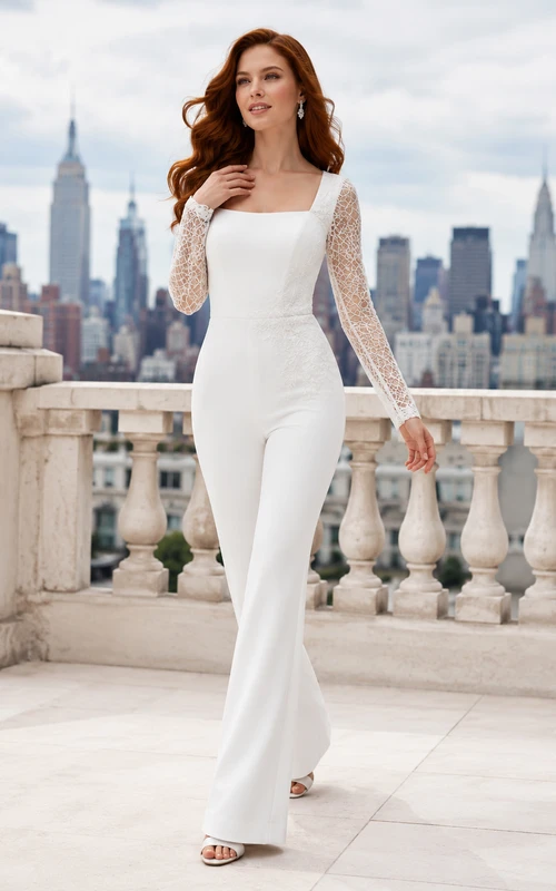 Sexy White Square Neck Long Lace Sleeve Tailored Jumpsuit Dress
