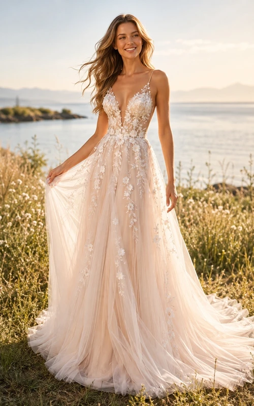 Vestido de novia sencillo, formal, sin mangas, con escote en V y corte en A.