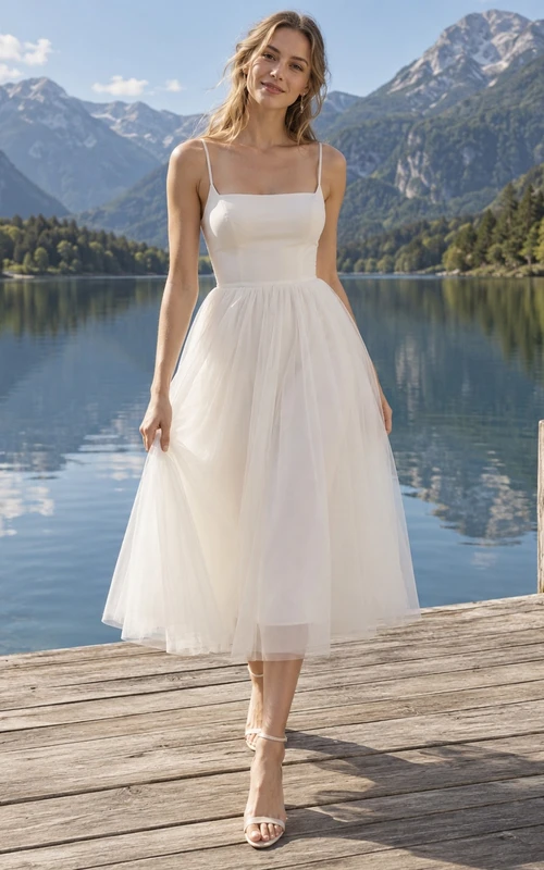 Vestido de novia de tul sin mangas, corte en A, largo hasta la rodilla y escote cuadrado.