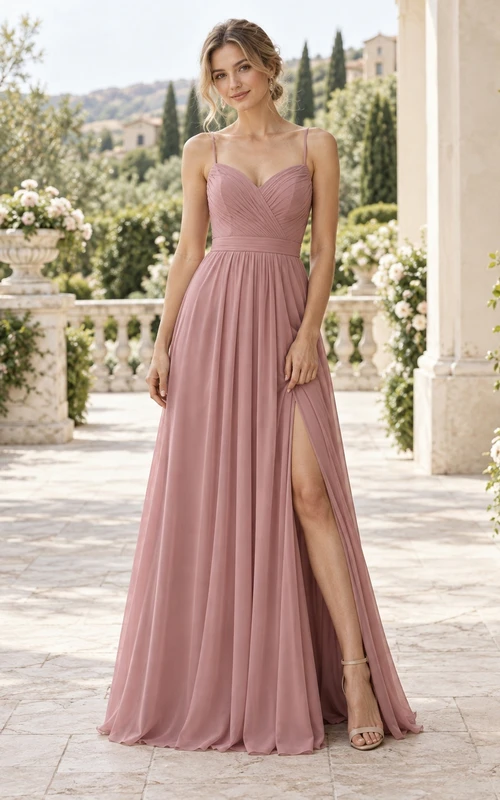 Simple Dusty-Rose Spaghetti-Strap Sweetheart Sleeveless Ruched Chiffon Slit Floor-Length A-line Bridesmaid Dress