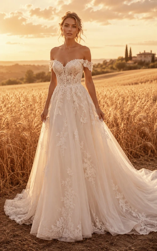 Off Shoulder A-Line Lace Country Wedding Dress with Tulle Applique Train