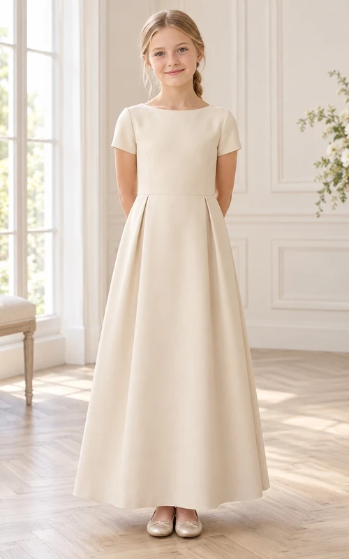 Simple Modest Champagne Ankle-length Short Sleeve Broad Hip Pleated Flared Flower Girl Dress