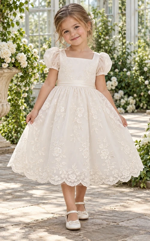 Teelanges, eckiges Ausschnitt-Kleid in Elfenbein mit floralem A-Linien-Muster, Spitze, Puffärmeln und Muschelsaum für Blumenmädchen