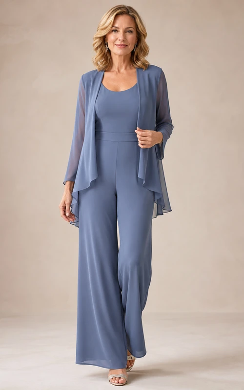 Mother Steel Blue Chiffon Pantsuit with Scoop Neck Open Jacket and Wide Leg Pants