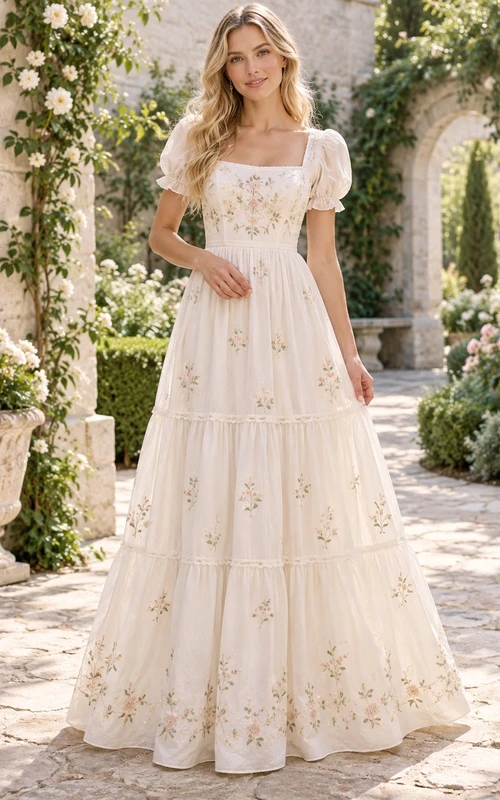 Vestido de novia romántico largo con escote cuadrado, corte en A, mangas abullonadas, bordados y volantes.