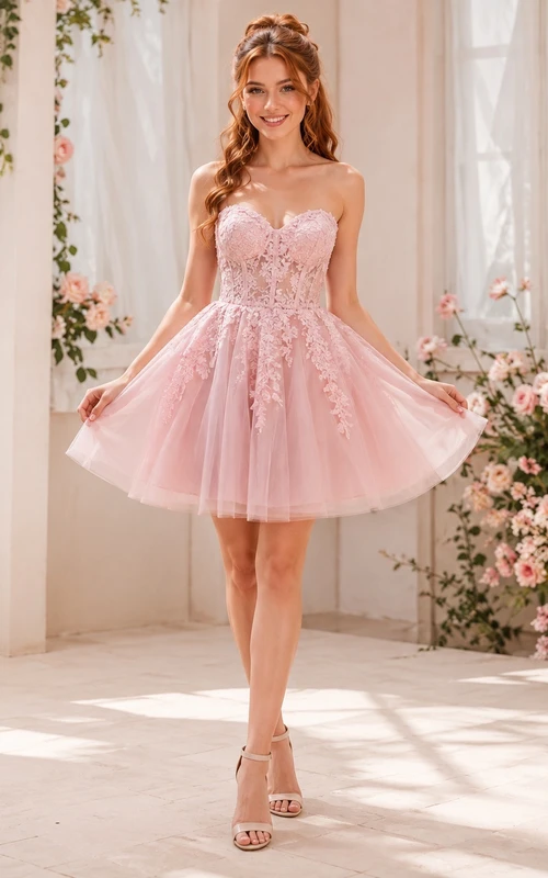 Rosafarbenes, ärmelloses, kurzes, romantisches Partykleid aus Tüll in A-Linie mit herzförmigem Dekolleté und floralen Applikationen