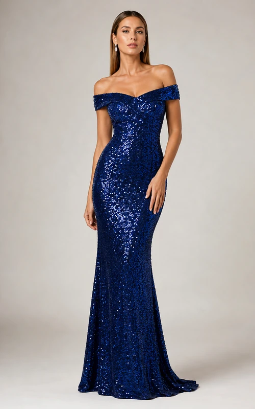Königsblaues Pailletten-Abendkleid im Meerjungfrauen-Stil mit schulterfreiem Schnitt