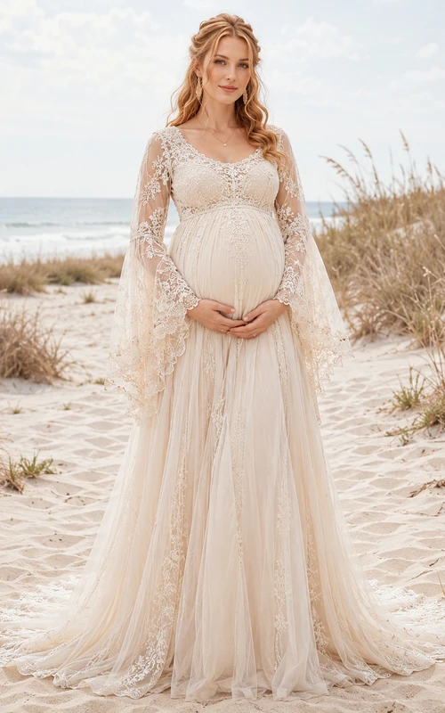 Umstandsbrautkleid, langärmelig, aus Spitze, Etuikleid, Strandkleid mit zartem Tüllüberzug und Schleppe