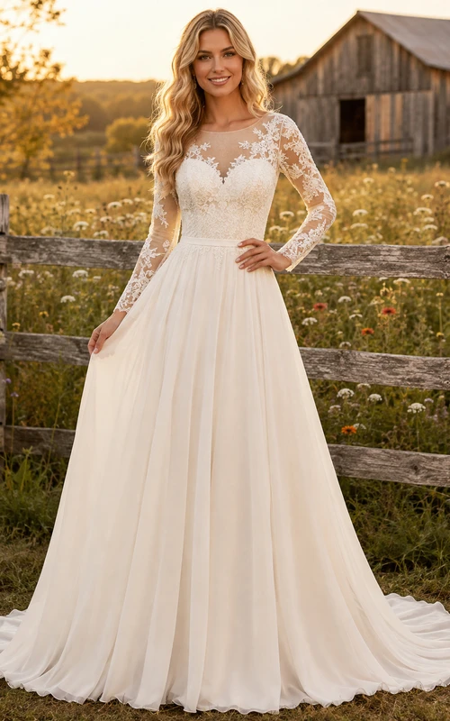 Robe de mariée illusion à col en V, manches longues, dentelle florale, boutons, dos nu plongeant en V, coupe trapèze et traîne chapelle