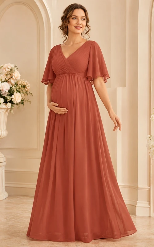 Terracotta Maternity V-Neck Short Sleeve Chiffon A-Line Floor Dress