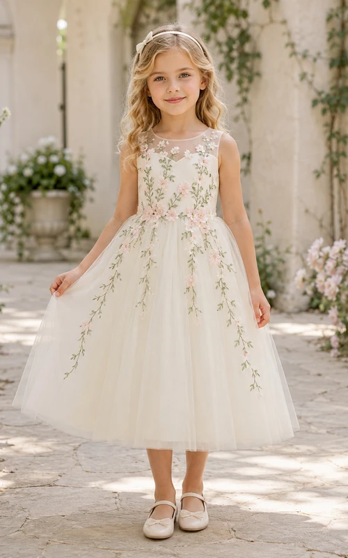 Elfenbeinfarbenes Blumenmädchenkleid mit floraler Rankenstickerei, ärmellosem Tüll-A-Linien-Schnitt, transparentem Rückenausschnitt, natürlicher Taille und wadenlangem Rock